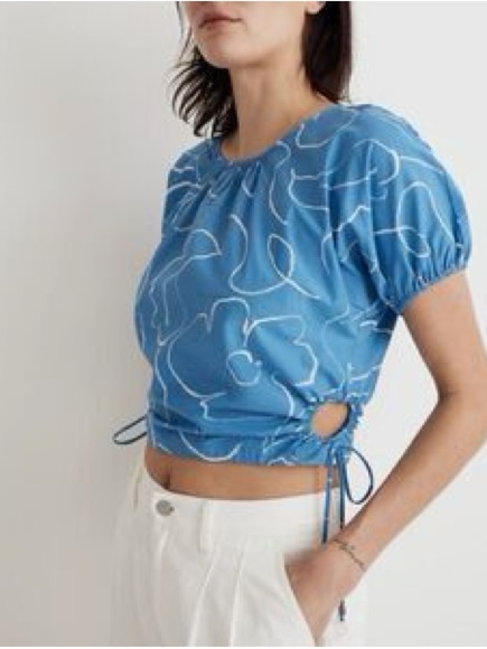 Madewell Poplin Puff Short Sleeve Cutout Crop Top Shirt Blue White